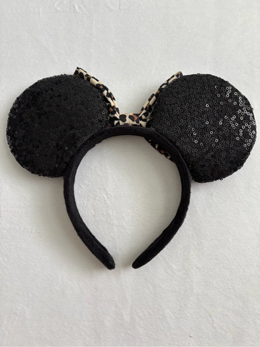 Minnie Mouse Black Sequin Ear Leopard Print Bow Headband